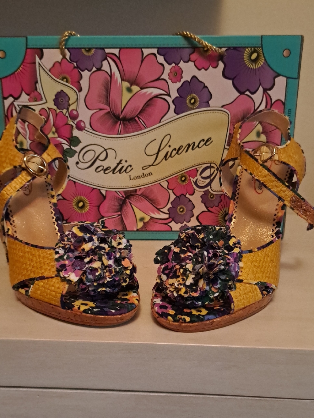 NWT Poetic License Yellow Floral Pom Wedge Sandals